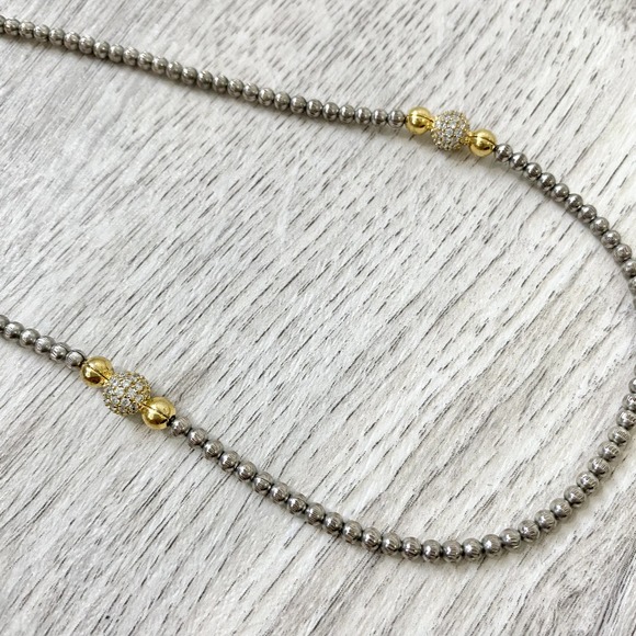 Opera style long necklace silver and gold with small clear stones - Picture 3 of 6